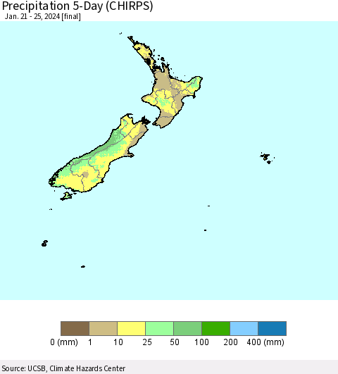 New Zealand Precipitation 5-Day (CHIRPS) Thematic Map For 1/21/2024 - 1/25/2024