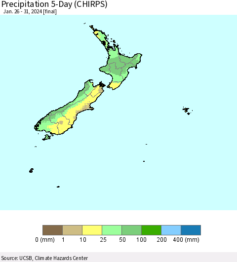 New Zealand Precipitation 5-Day (CHIRPS) Thematic Map For 1/26/2024 - 1/31/2024
