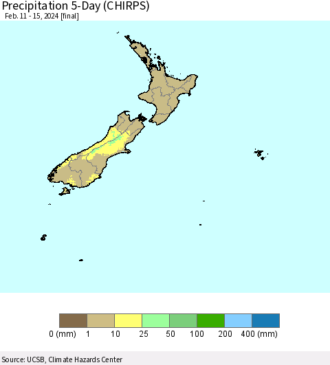 New Zealand Precipitation 5-Day (CHIRPS) Thematic Map For 2/11/2024 - 2/15/2024