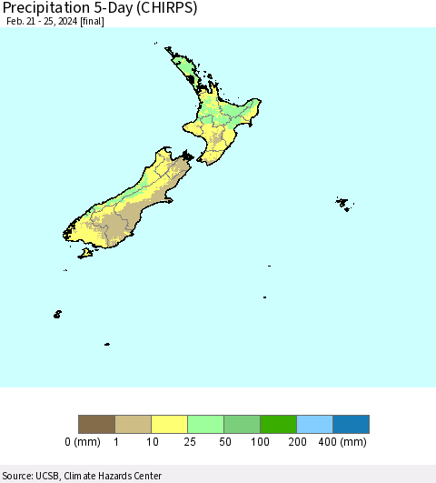 New Zealand Precipitation 5-Day (CHIRPS) Thematic Map For 2/21/2024 - 2/25/2024