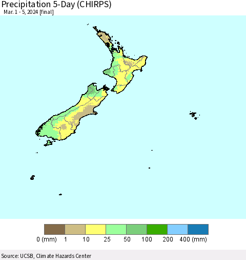 New Zealand Precipitation 5-Day (CHIRPS) Thematic Map For 3/1/2024 - 3/5/2024