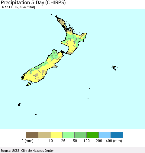 New Zealand Precipitation 5-Day (CHIRPS) Thematic Map For 3/11/2024 - 3/15/2024