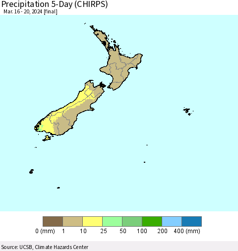 New Zealand Precipitation 5-Day (CHIRPS) Thematic Map For 3/16/2024 - 3/20/2024
