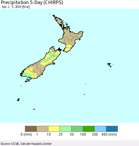 New Zealand Precipitation 5-Day (CHIRPS) Thematic Map For 4/1/2024 - 4/5/2024