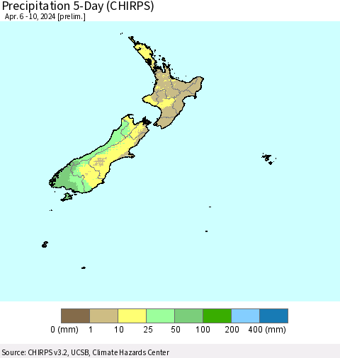 New Zealand Precipitation 5-Day (CHIRPS) Thematic Map For 4/6/2024 - 4/10/2024