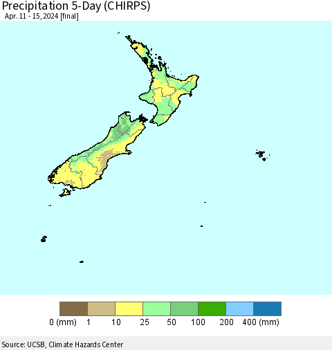 New Zealand Precipitation 5-Day (CHIRPS) Thematic Map For 4/11/2024 - 4/15/2024