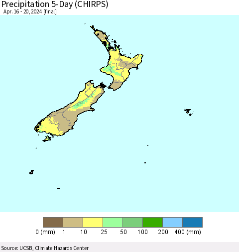 New Zealand Precipitation 5-Day (CHIRPS) Thematic Map For 4/16/2024 - 4/20/2024