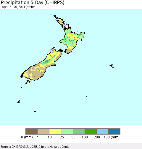 New Zealand Precipitation 5-Day (CHIRPS) Thematic Map For 4/16/2024 - 4/20/2024