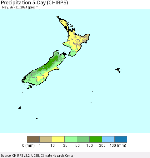 New Zealand Precipitation 5-Day (CHIRPS) Thematic Map For 5/26/2024 - 5/31/2024