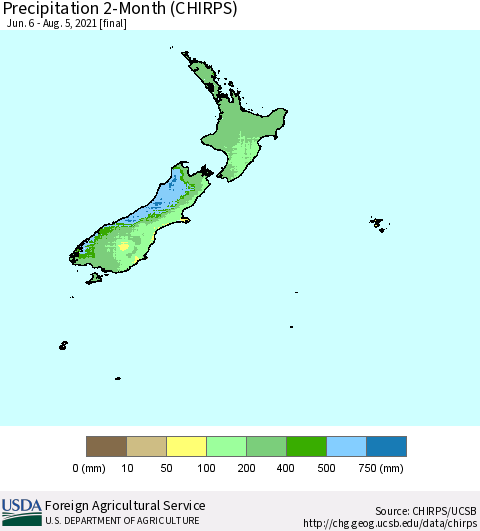 New Zealand Precipitation 2-Month (CHIRPS) Thematic Map For 6/6/2021 - 8/5/2021