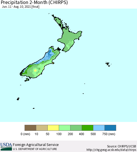 New Zealand Precipitation 2-Month (CHIRPS) Thematic Map For 6/11/2021 - 8/10/2021
