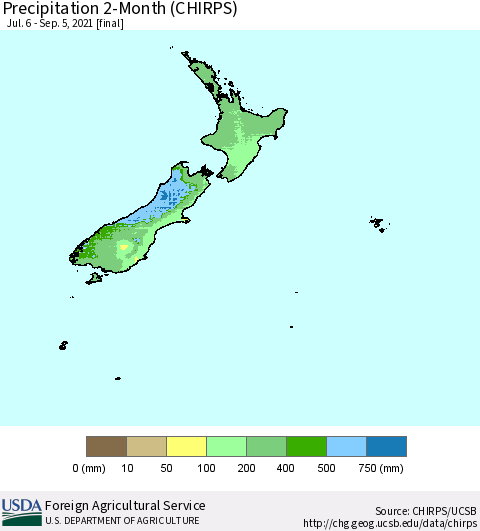New Zealand Precipitation 2-Month (CHIRPS) Thematic Map For 7/6/2021 - 9/5/2021