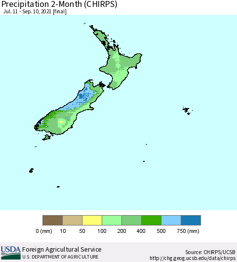 New Zealand Precipitation 2-Month (CHIRPS) Thematic Map For 7/11/2021 - 9/10/2021