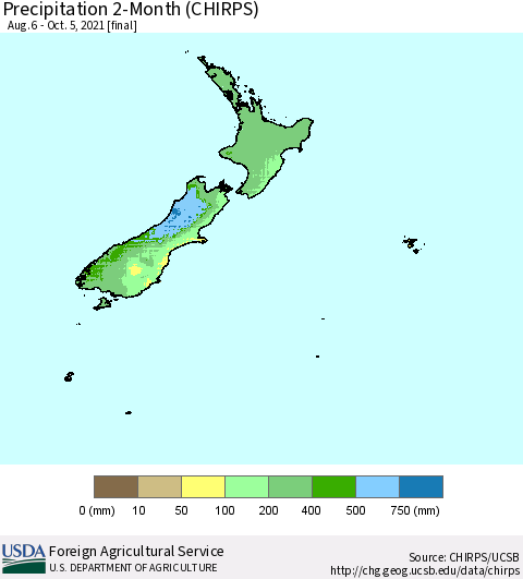New Zealand Precipitation 2-Month (CHIRPS) Thematic Map For 8/6/2021 - 10/5/2021