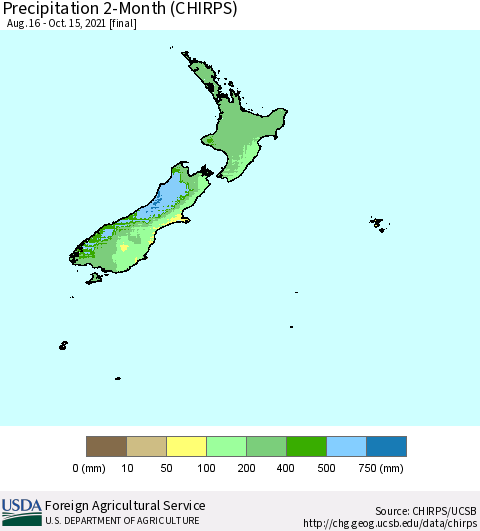 New Zealand Precipitation 2-Month (CHIRPS) Thematic Map For 8/16/2021 - 10/15/2021