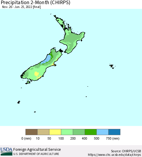 New Zealand Precipitation 2-Month (CHIRPS) Thematic Map For 11/26/2021 - 1/25/2022