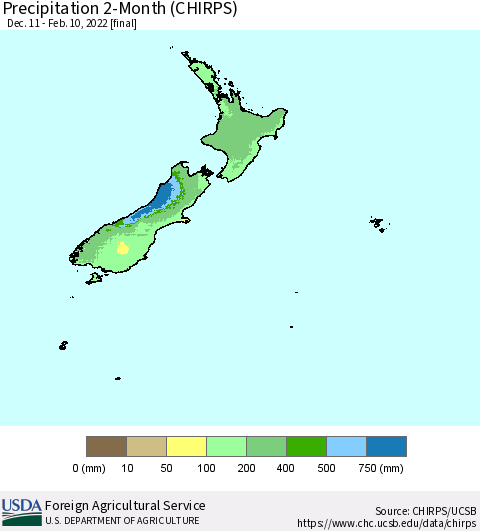 New Zealand Precipitation 2-Month (CHIRPS) Thematic Map For 12/11/2021 - 2/10/2022