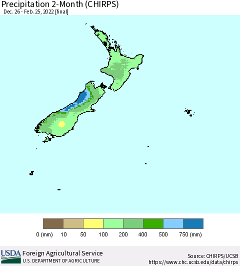 New Zealand Precipitation 2-Month (CHIRPS) Thematic Map For 12/26/2021 - 2/25/2022