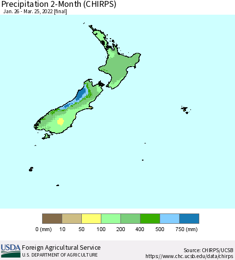 New Zealand Precipitation 2-Month (CHIRPS) Thematic Map For 1/26/2022 - 3/25/2022
