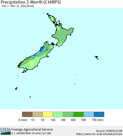 New Zealand Precipitation 2-Month (CHIRPS) Thematic Map For 2/1/2022 - 3/31/2022