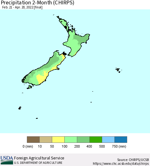New Zealand Precipitation 2-Month (CHIRPS) Thematic Map For 2/21/2022 - 4/20/2022