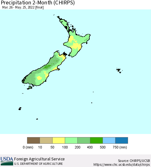 New Zealand Precipitation 2-Month (CHIRPS) Thematic Map For 3/26/2022 - 5/25/2022