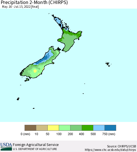 New Zealand Precipitation 2-Month (CHIRPS) Thematic Map For 5/16/2022 - 7/15/2022