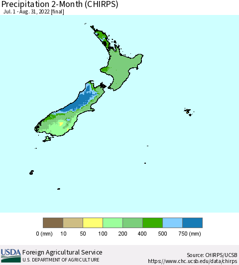 New Zealand Precipitation 2-Month (CHIRPS) Thematic Map For 7/1/2022 - 8/31/2022