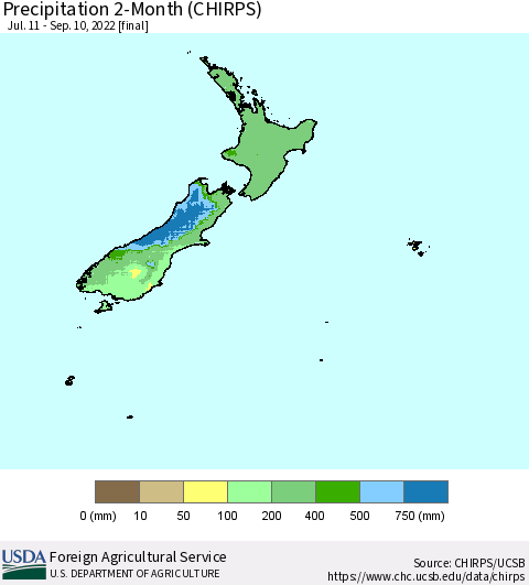 New Zealand Precipitation 2-Month (CHIRPS) Thematic Map For 7/11/2022 - 9/10/2022