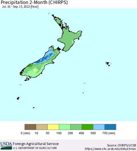 New Zealand Precipitation 2-Month (CHIRPS) Thematic Map For 7/16/2022 - 9/15/2022