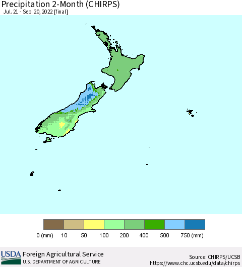 New Zealand Precipitation 2-Month (CHIRPS) Thematic Map For 7/21/2022 - 9/20/2022