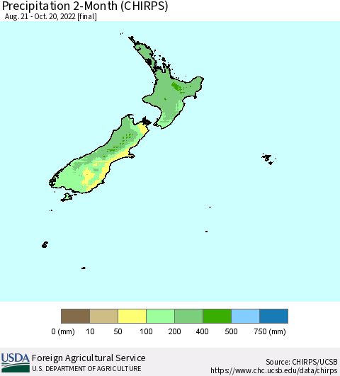 New Zealand Precipitation 2-Month (CHIRPS) Thematic Map For 8/21/2022 - 10/20/2022