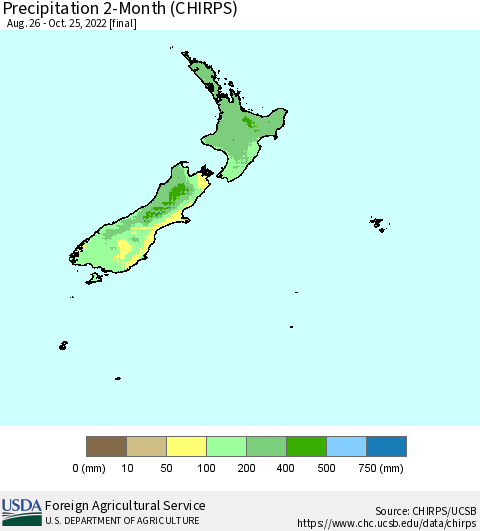 New Zealand Precipitation 2-Month (CHIRPS) Thematic Map For 8/26/2022 - 10/25/2022