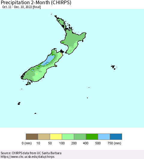New Zealand Precipitation 2-Month (CHIRPS) Thematic Map For 10/11/2022 - 12/10/2022