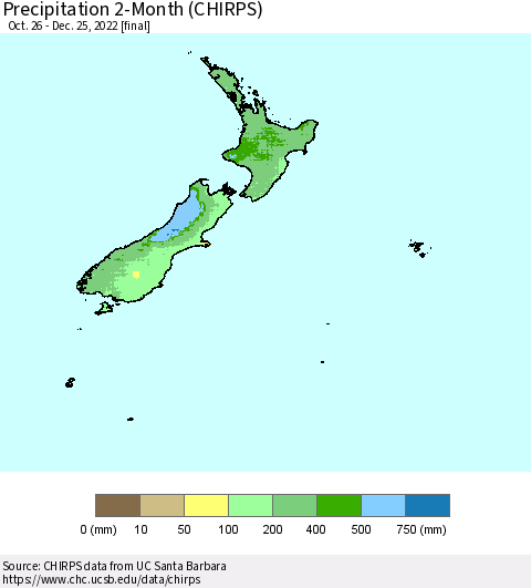 New Zealand Precipitation 2-Month (CHIRPS) Thematic Map For 10/26/2022 - 12/25/2022