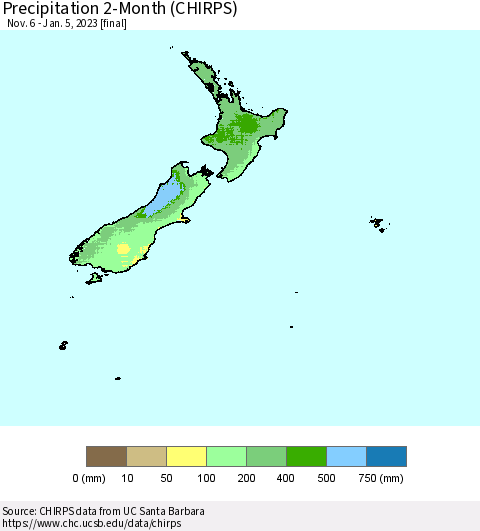 New Zealand Precipitation 2-Month (CHIRPS) Thematic Map For 11/6/2022 - 1/5/2023