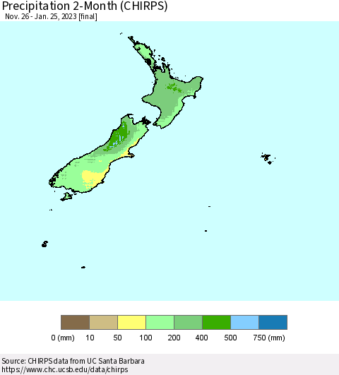 New Zealand Precipitation 2-Month (CHIRPS) Thematic Map For 11/26/2022 - 1/25/2023