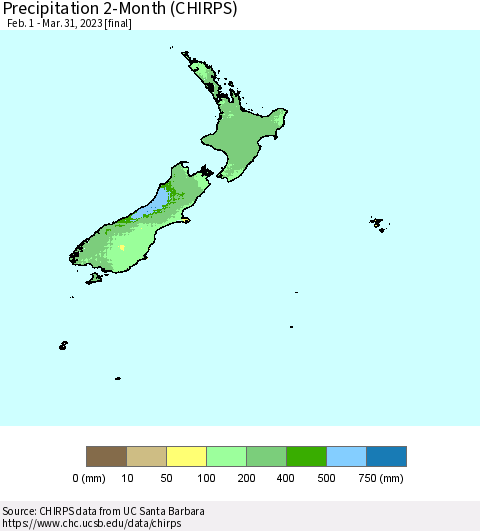 New Zealand Precipitation 2-Month (CHIRPS) Thematic Map For 2/1/2023 - 3/31/2023