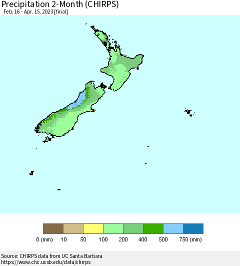 New Zealand Precipitation 2-Month (CHIRPS) Thematic Map For 2/16/2023 - 4/15/2023
