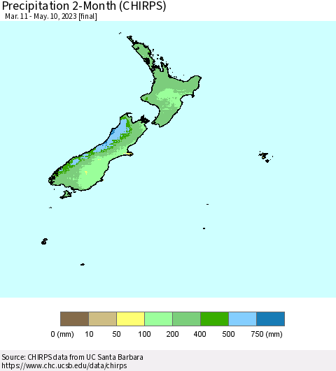 New Zealand Precipitation 2-Month (CHIRPS) Thematic Map For 3/11/2023 - 5/10/2023