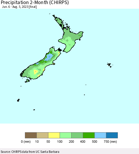 New Zealand Precipitation 2-Month (CHIRPS) Thematic Map For 6/6/2023 - 8/5/2023