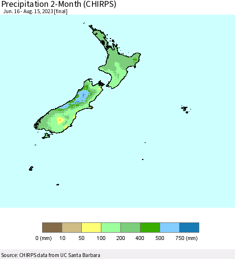 New Zealand Precipitation 2-Month (CHIRPS) Thematic Map For 6/16/2023 - 8/15/2023
