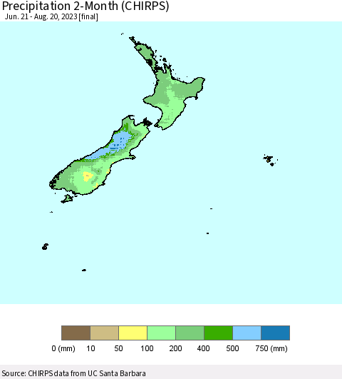 New Zealand Precipitation 2-Month (CHIRPS) Thematic Map For 6/21/2023 - 8/20/2023