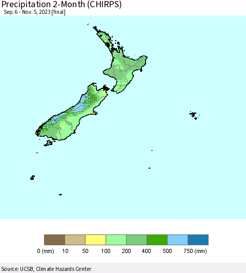 New Zealand Precipitation 2-Month (CHIRPS) Thematic Map For 9/6/2023 - 11/5/2023