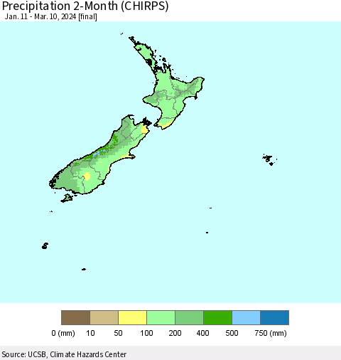 New Zealand Precipitation 2-Month (CHIRPS) Thematic Map For 1/11/2024 - 3/10/2024
