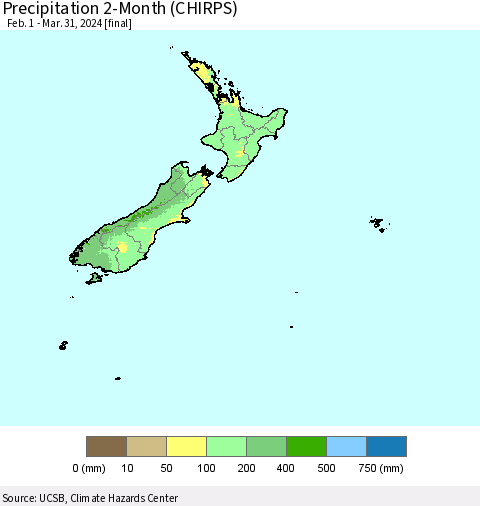 New Zealand Precipitation 2-Month (CHIRPS) Thematic Map For 2/1/2024 - 3/31/2024