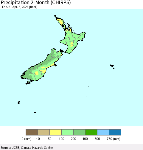 New Zealand Precipitation 2-Month (CHIRPS) Thematic Map For 2/6/2024 - 4/5/2024