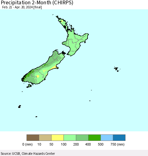 New Zealand Precipitation 2-Month (CHIRPS) Thematic Map For 2/21/2024 - 4/20/2024
