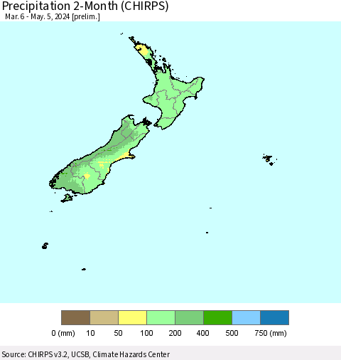 New Zealand Precipitation 2-Month (CHIRPS) Thematic Map For 3/6/2024 - 5/5/2024