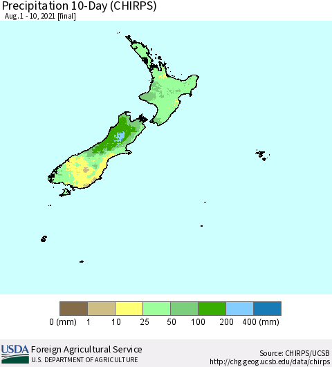 New Zealand Precipitation 10-Day (CHIRPS) Thematic Map For 8/1/2021 - 8/10/2021